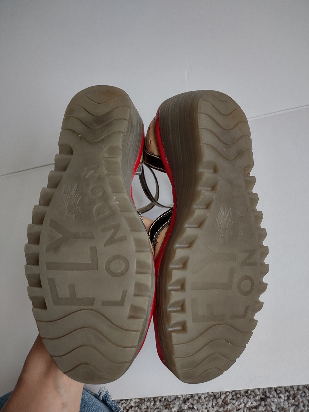 Fly London Tan and Black Wedge Sandals with Red Trim - Picture 5 of 10